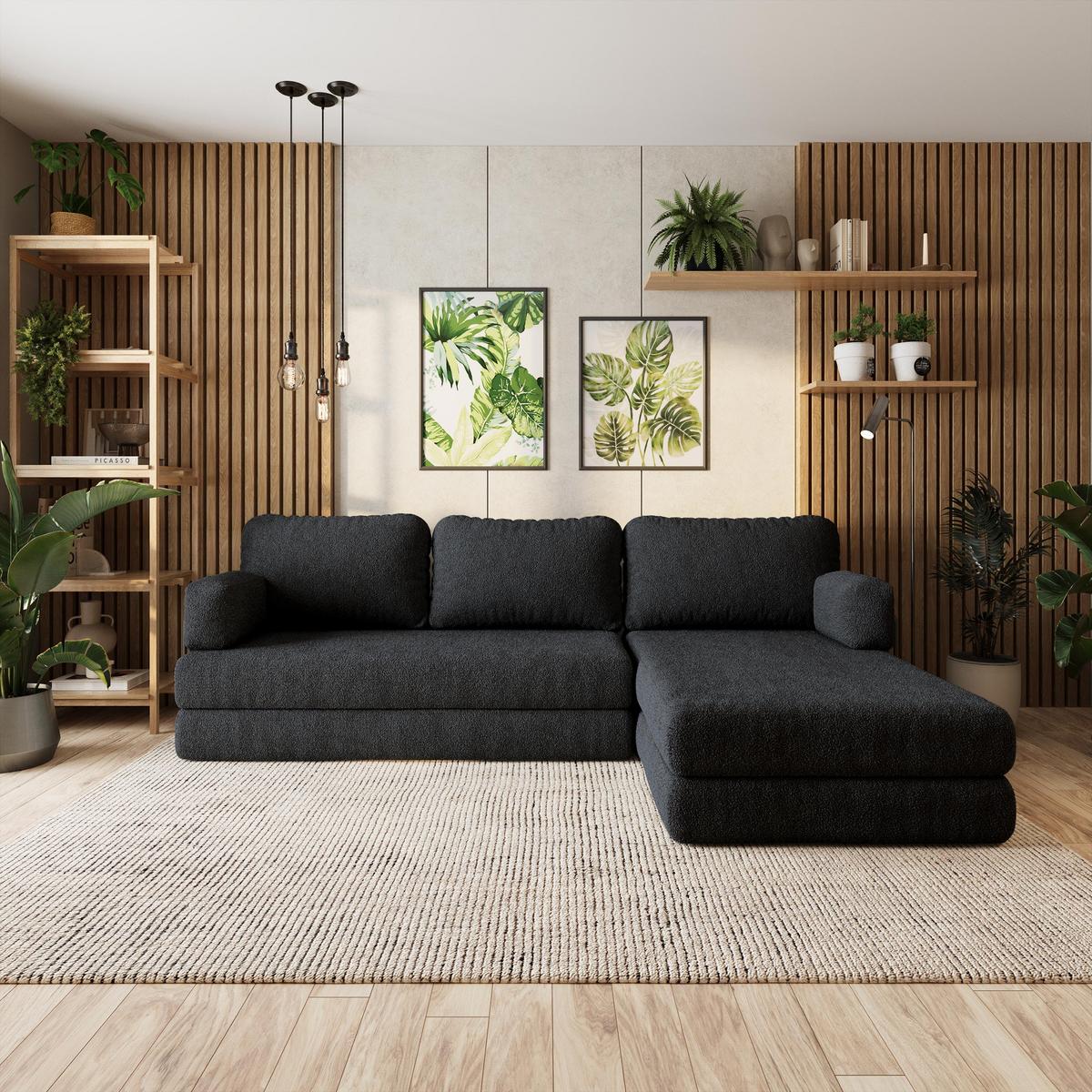 ECKSOFA LEA modulares Boneless Sofa mit Schlaffunktion Schwarz Boucle-Stoff - Schwarz, Textil (270/160cm) - MASSENO