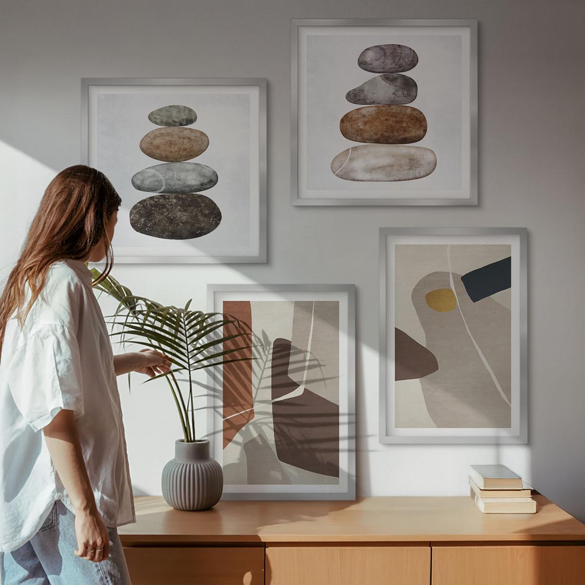 BILDER SET 4er Set - 50x50 cm & 40x60 cm Silberner Rahmen - Abstrakte Boho-Formen - Silberfarben, Kunststoff (50/50cm) - TULUP