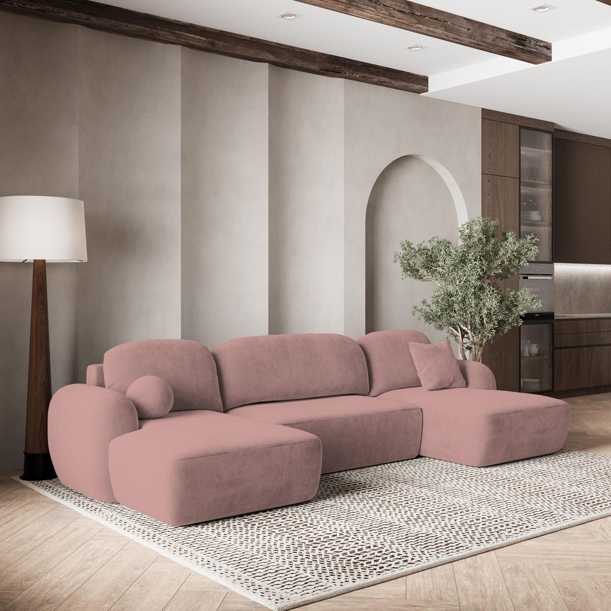 WOHNLANDSCHAFT SAVONA K Rosa Plüsch-Stoff mit Schlaffunktion - Schwarz/Rosa, Holz/Kunststoff (320/90/148cm) - MASSENO