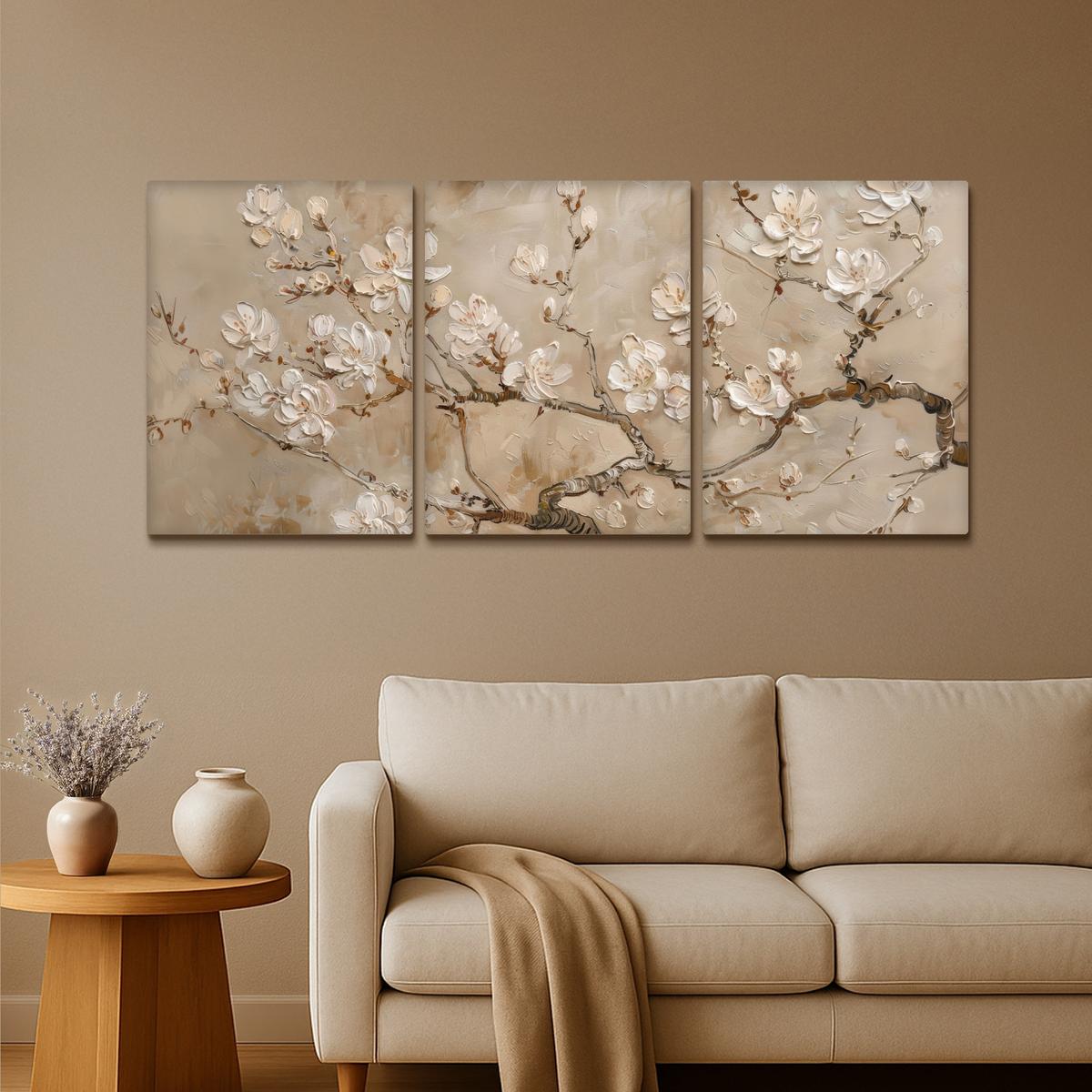 LEINWANDBILD 3er Set Beige - Blüte - Modern 180x80 cm - Beige, Textil (180/80cm) - MuchoWow
