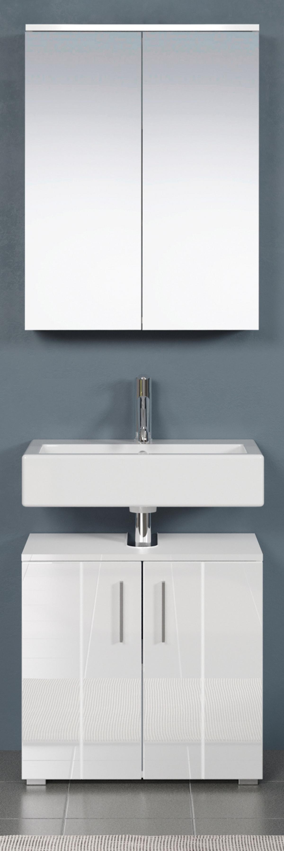BADMÖBEL-SET weiß Hochglanz 112 x 192 cm 2-teilig, Badezimmer Schränke in modernem Design - Weiß Hochglanz/Silberfarben, Holzwerkstoff/Kunststoff (60/192/32cm) - Top.Furn