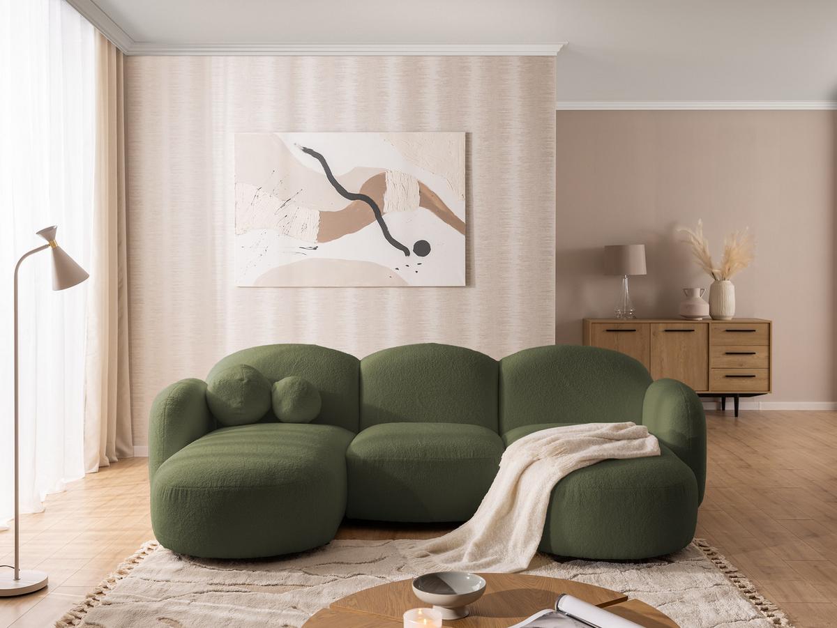 WOHNLANDSCHAFT Nuvola mit abgerundetem Design Grün Bouclé-Stoff - Schwarz/Grün, Holz/Kunststoff (268/80/146cm) - S-Style