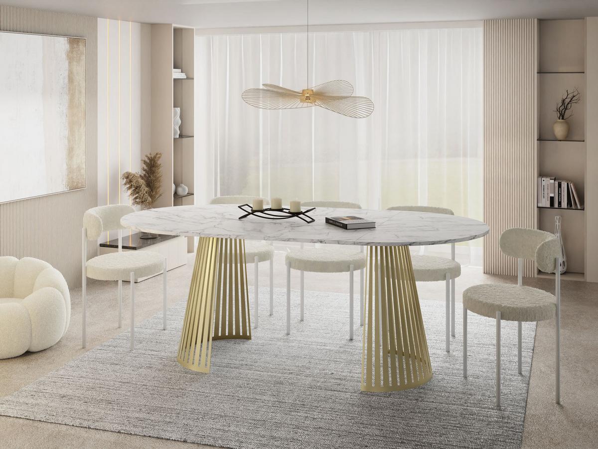 ESSTISCH Naro rund ausziehbar mit Goldenem Lamellen-Metallgestell, Marmor Weiß 120-200/120/76 cm - Ecru/Goldfarben, Holzwerkstoff/Metall (120/196/76cm) - WFL GROUP