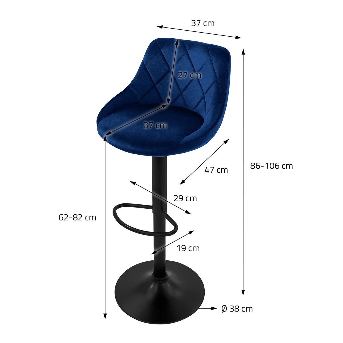 BARHOCKER 2er Set aus Samt Blau höhenverstellbar/drehbar - Blau/Schwarz, Metall (37/106/47cm) - ML-DESIGN