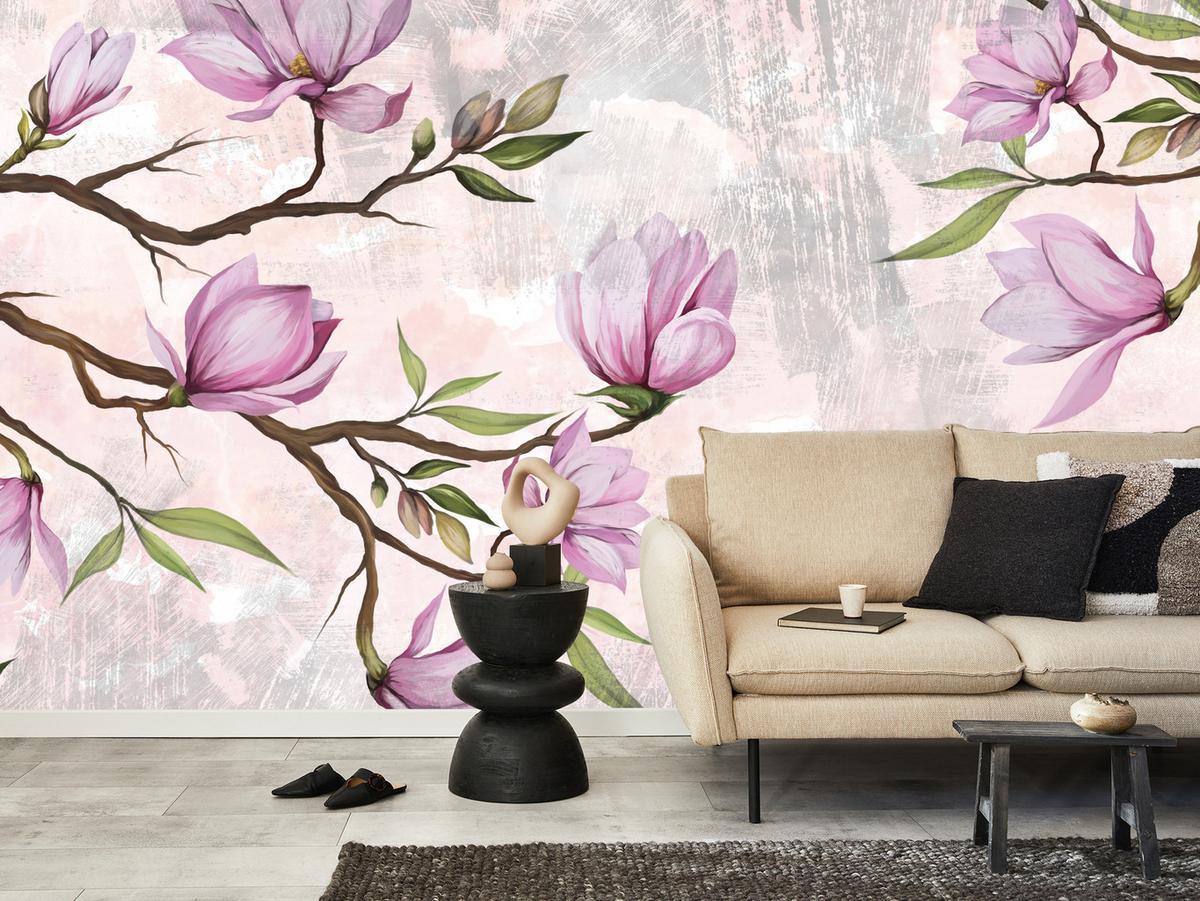 FOTOTAPETE für Schlafzimmer Rosa Magnolienblüten Botanisch 300x210 - Beige/Violett, Papier (300/210cm) - Muralo