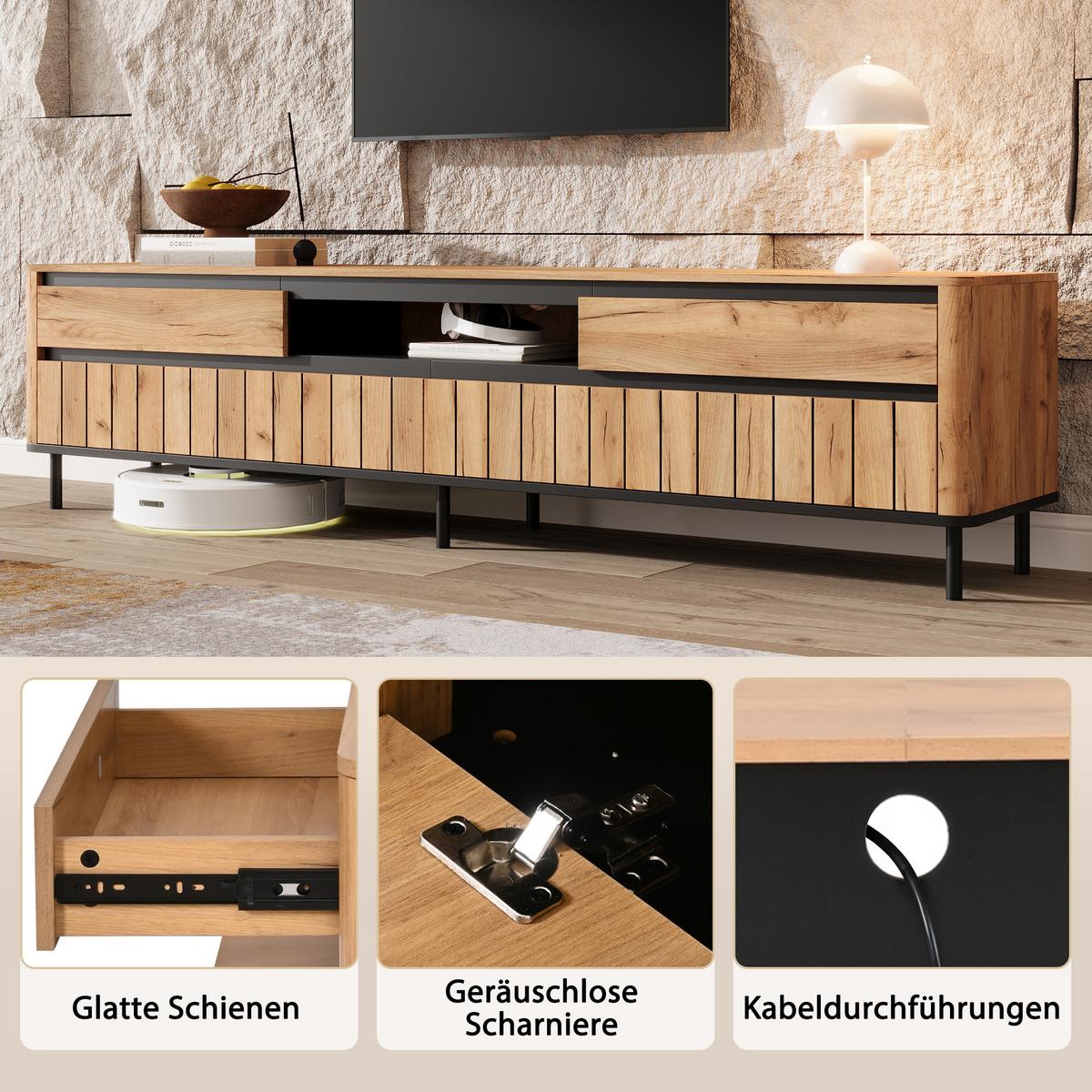TV-LOWBOARD 180cm Naturholz & Schwarz mit 2 Schubladen & 2 Klapptüren - Schwarz/Naturfarben, Holzwerkstoff (180/52/40cm) - Urban Meuble