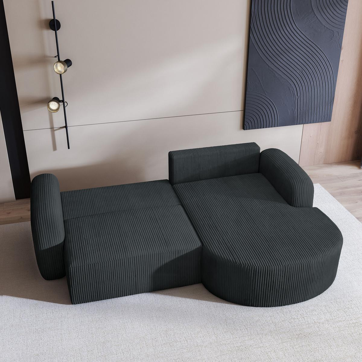 ECKSOFA AMILIA P R-S Graphitfarben Kordstoff mit Schlaffunktion - Graphitfarben, Holz (263/174cm) - MASSENO