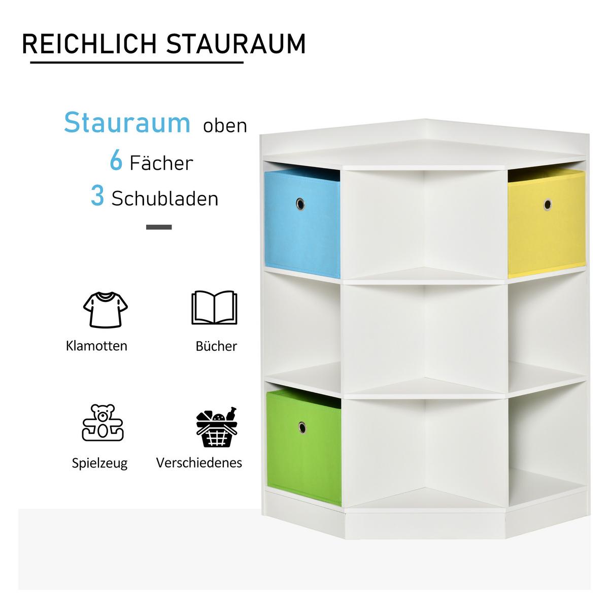 KINDERREGAL Eckregal mit 3 Aufbewahrungsboxen Kinderzimmer Spielzeugablage Weiß - Weiß, Holzwerkstoff (57.4/94/57.4cm) - HOMCOM