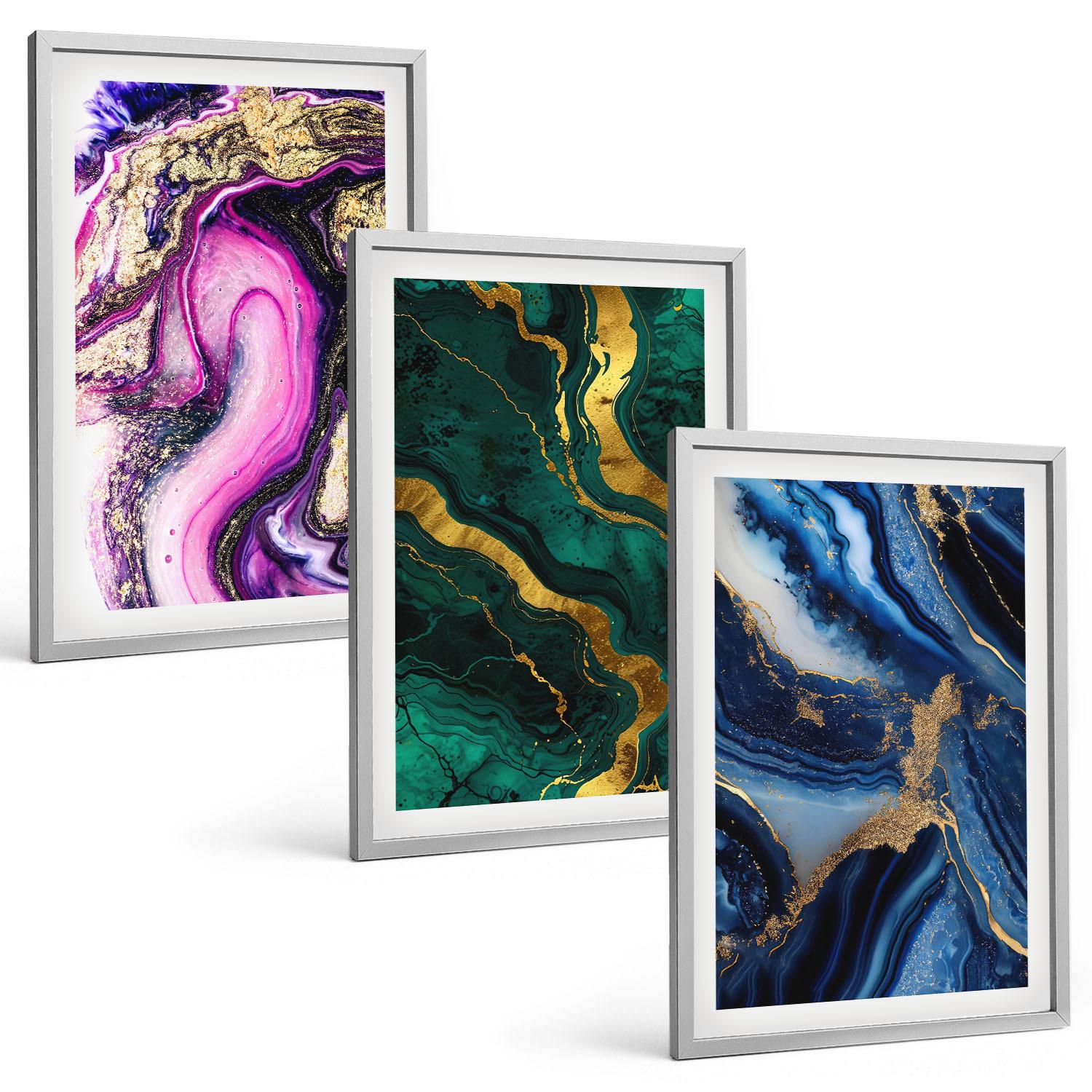 BILDER SET 3er Set - 40x60 cm Silberner Rahmen - Abstrakte rosagrüne Muster - Silberfarben, Kunststoff (40/60cm) - TULUP