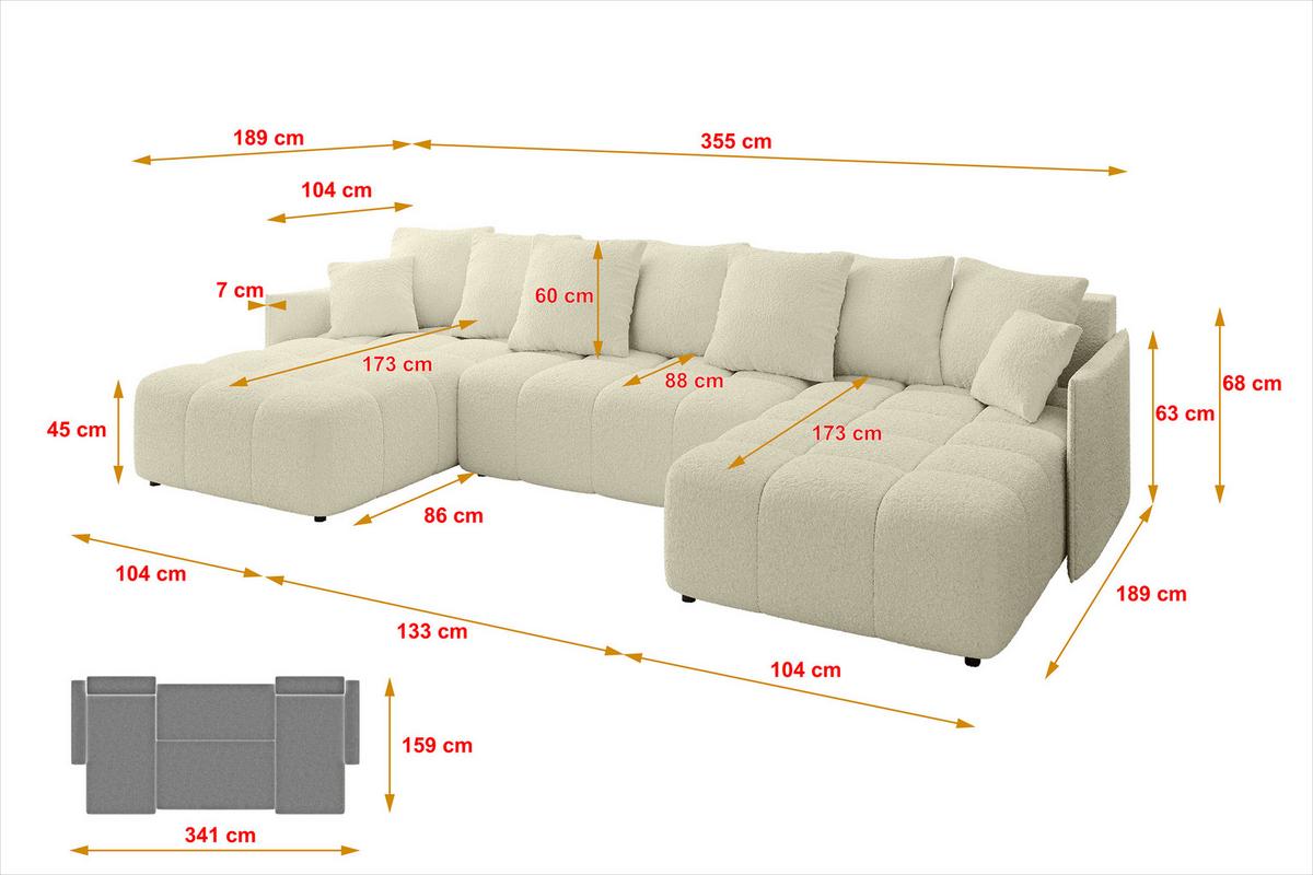 WOHNLANDSCHAFT LONLI-U 355x189x68 Beige Bouclé - Hellbraun/Creme, Holzwerkstoff/Kunststoff (355/68/189cm) - ALTDECOR
