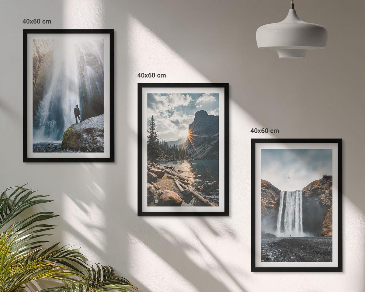 BILDER SET 3er Set - 40x60 cm Schwarzer Rahmen - Wasserfälle, Berge, Landschaften, Natur - Schwarz, Kunststoff (40/60cm) - TULUP