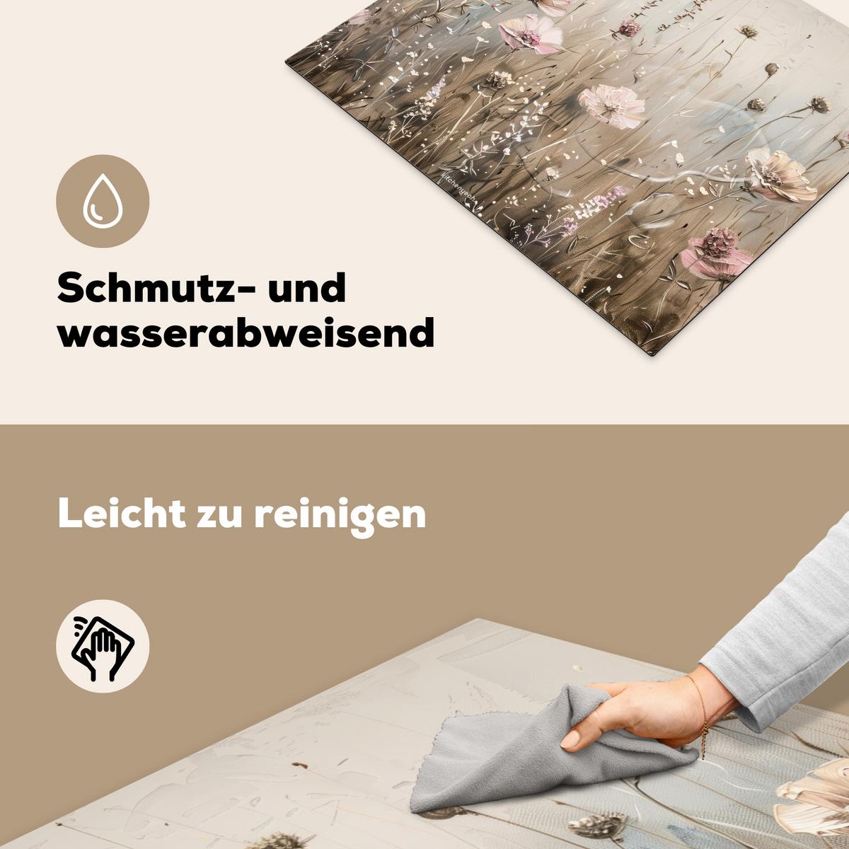 HERDABDECKPLATTE Blumen - Beige - Trockenblumen Herdabdeckung Induktionsfeld 65x52 cm - Beige, Kunststoff (65/52/0.2cm) - MuchoWow