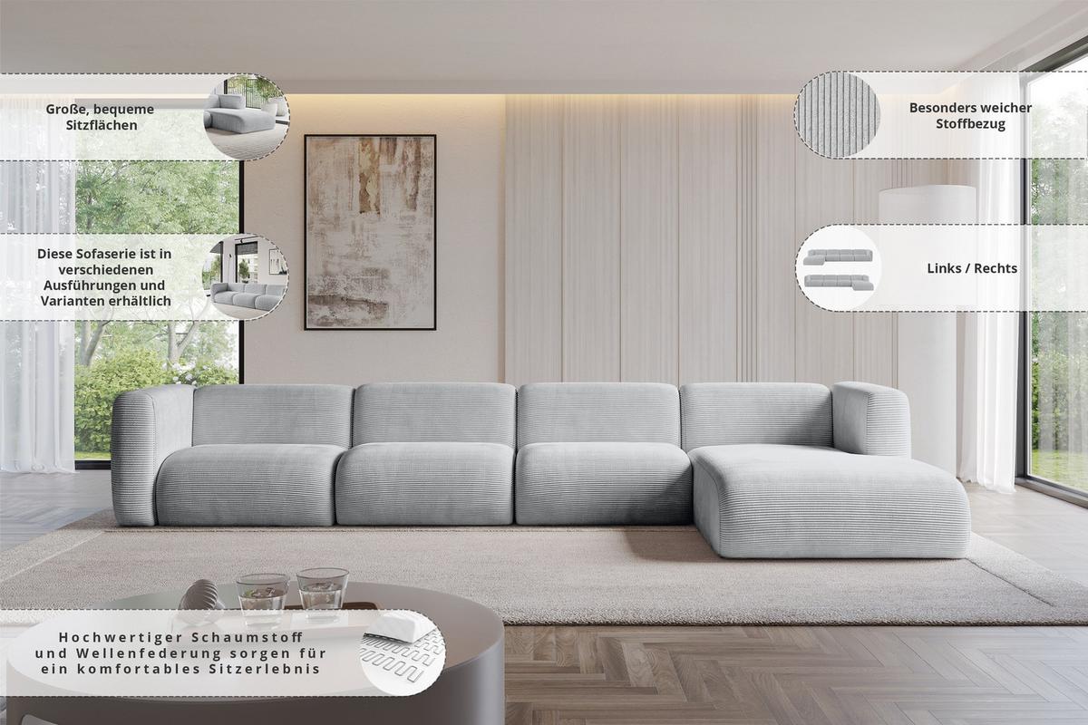ECKSOFA Ottomane Links MIRA-L3 409x179x70 Beige Cord - Sandfarben/Beige, Holzwerkstoff/Kunststoff (409/179cm) - ALTDECOR