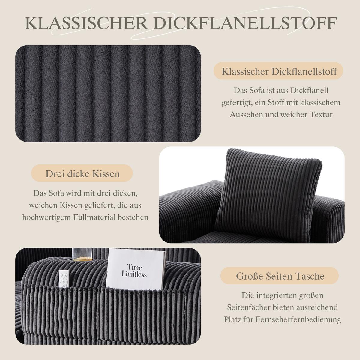 ECKSOFA 3-Sitzer mit Getränkehalter, Seitentaschen & 3 Kissen - Dunkelgrau, Textil (253/158cm) - Urban Meuble