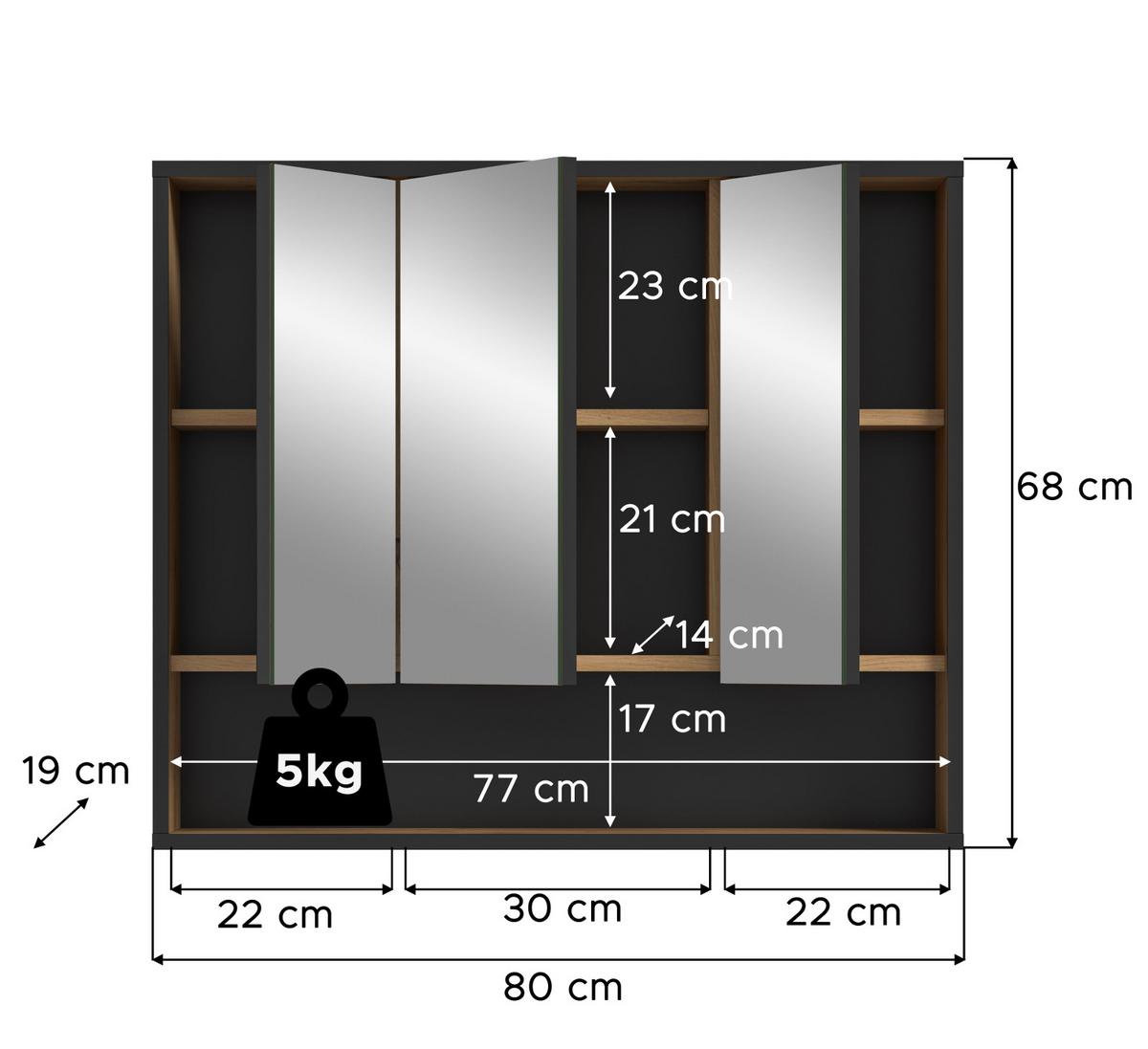 SPIEGELSCHRANK Eiche Artisan, schwarz 3-türig 80 cm, Badschrank mit Soft-Close - Eiche Artisan, Glas/Holzwerkstoff (80/68/19cm) - Inn.Furn