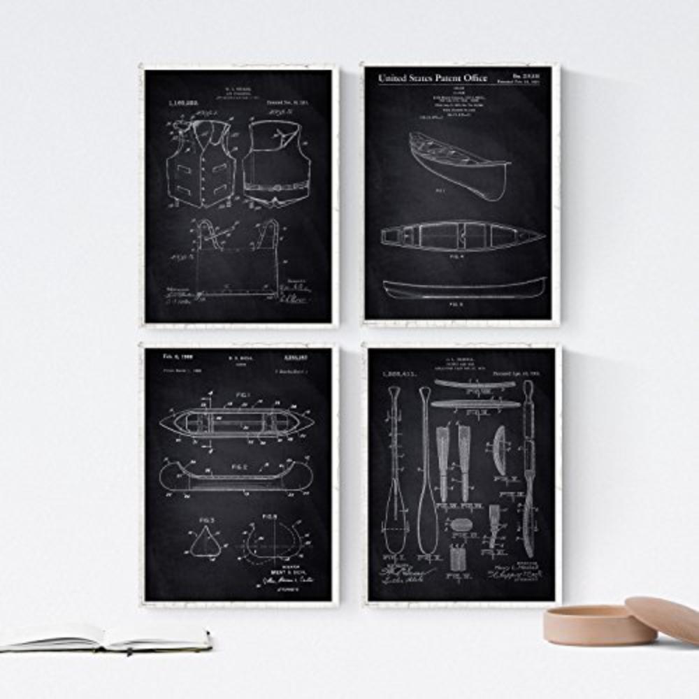 POSTER Set mit 4 Schwarz KAYAK Patenten A4 Schwarzer Rahmen - Schwarz, Papier (29.7/3cm) - Nacnic