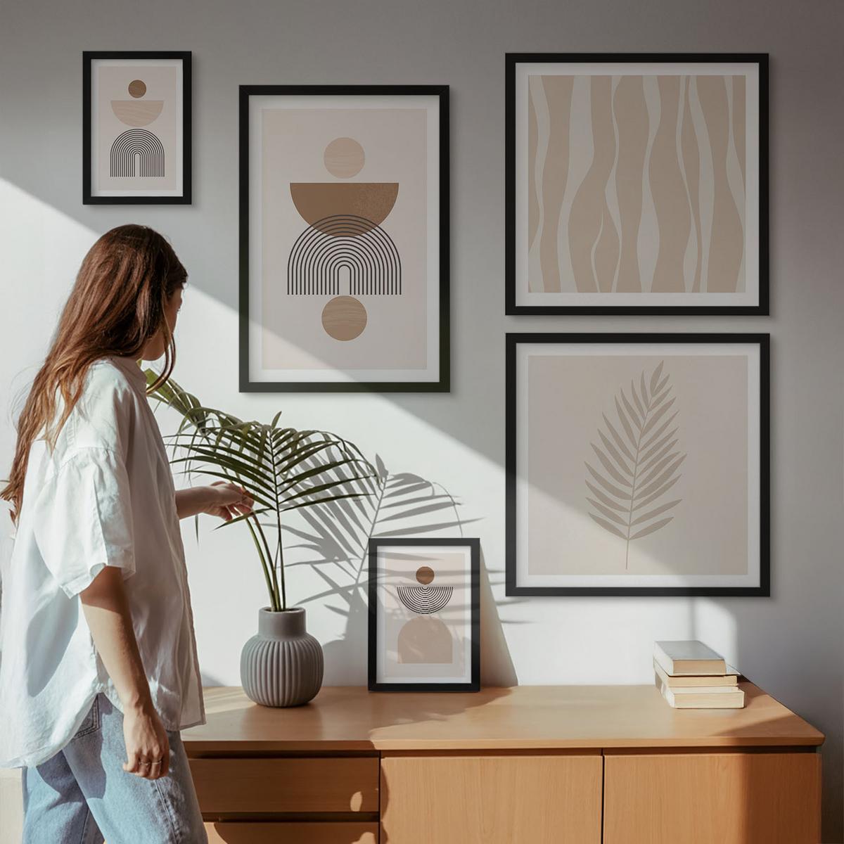 BILDER SET 5er Set - 50x50 cm & 20x30 cm & 40x60 cm Schwarzer Rahmen - Abstrakte Formen braun beige - Schwarz, Kunststoff (40/60cm) - TULUP