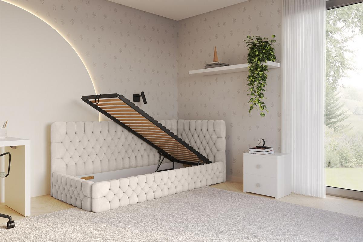 EINZELLBETT Jugendbett mit Bettkasten und Matratze H3/H4, Links - MULY 100x200 Beige - Ecru, Holzwerkstoff/Textil (100/200cm) - ALTDECOR