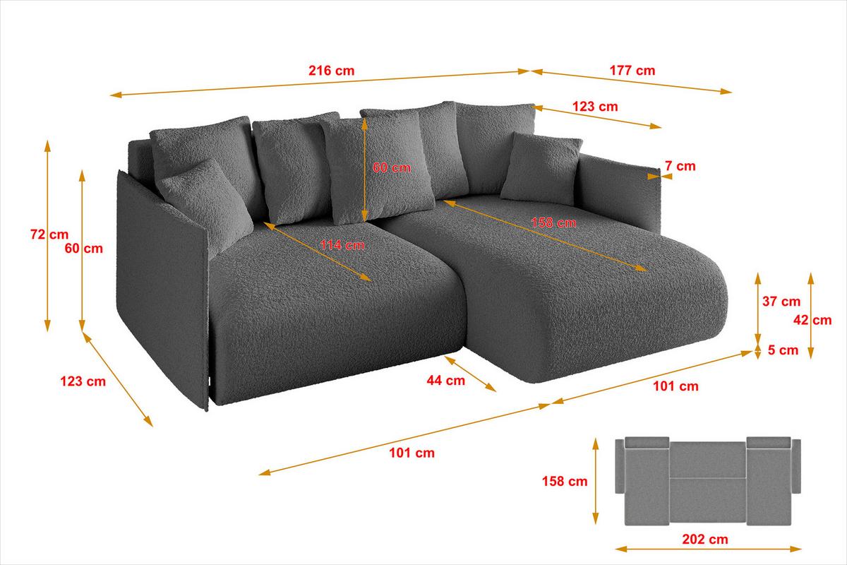 ECKSOFA Ottomane rechts ONESK-L 216x177x72 Grau Bouclé - Platinfarben/Grau, Holzwerkstoff/Kunststoff (177/216cm) - ALTDECOR