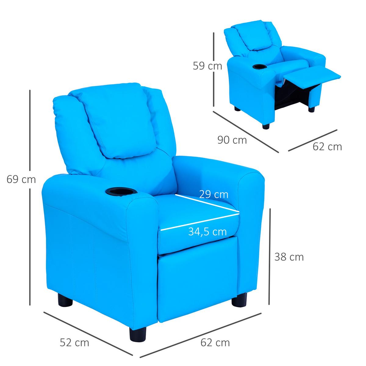 KINDERSESSEL Minisessel Kindersofa für 3-6 Jahre alt Liegefunktion Blau - Blau, Kunststoff (52/69/62cm) - HOMCOM