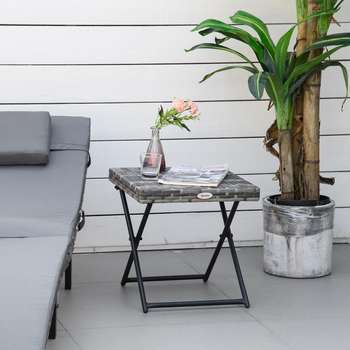 GARTENKLAPPTISCH, Grau, Stahl, Polyrattan - Grau, Kunststoff (40/40/40cm) - Outsunny