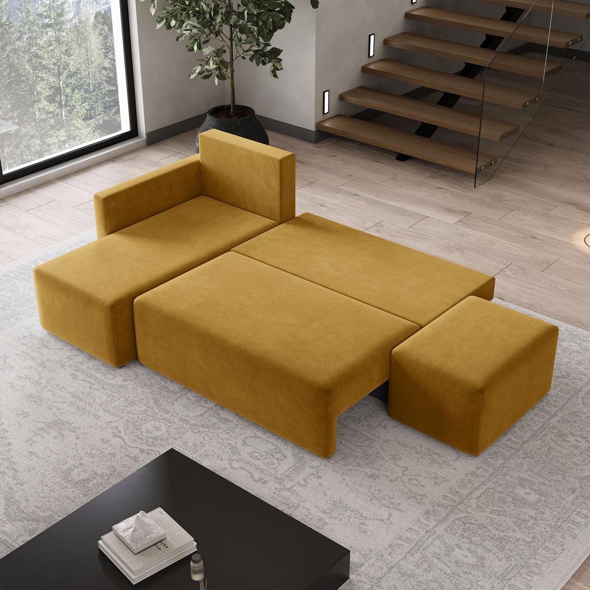ECKSOFA VELOTTI L-S Gelb Plüsch-Stoff mit Schlaffunktion - Gelb, Holz (261/143cm) - MASSENO