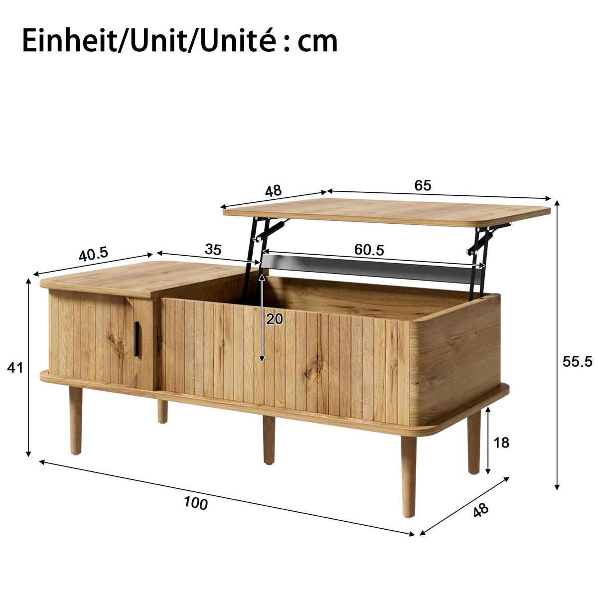 COUCHTISCH Holzoptik Höhenverstellbar mit Rillenoptik & Schiebetür - Naturfarben, Holzwerkstoff (48/100/55.5cm) - Urban Meuble