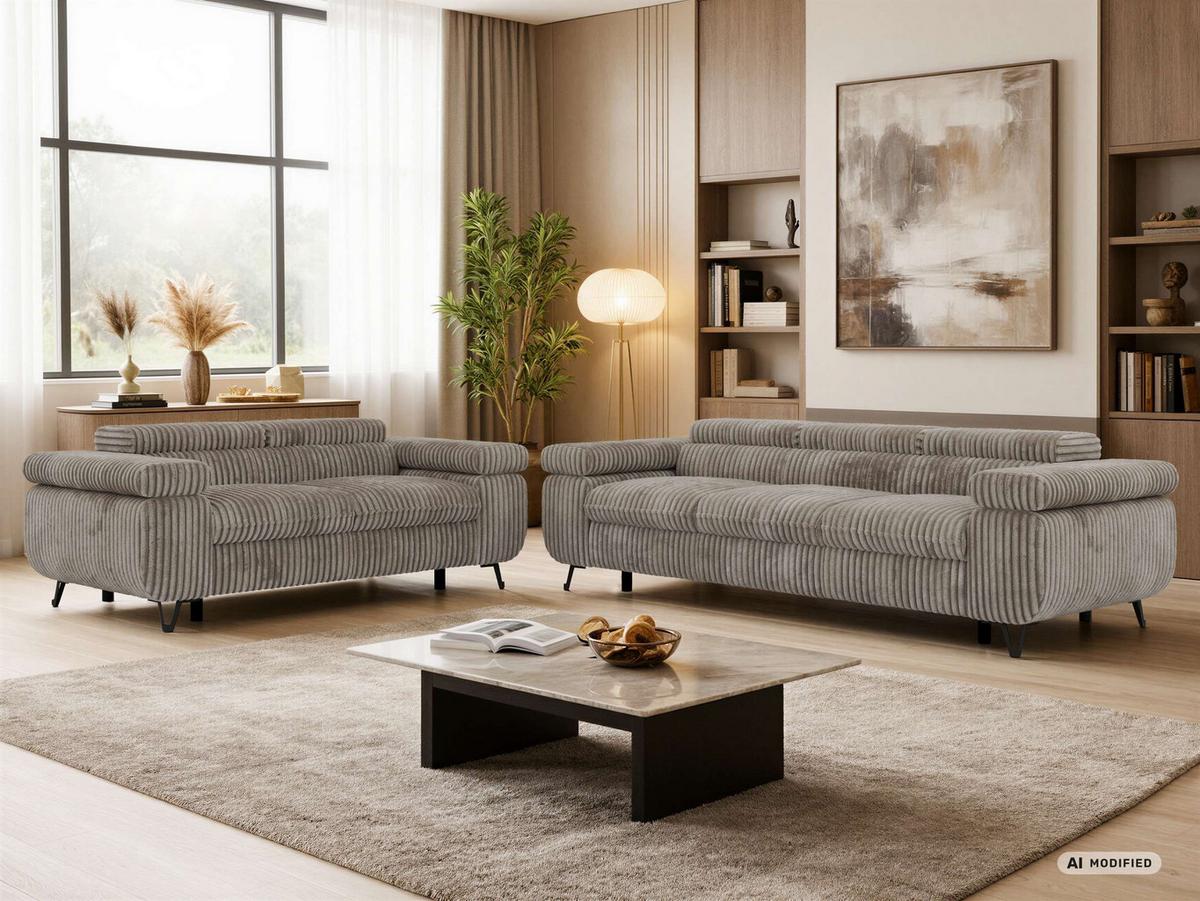 SITZGARNITUR PETER 2+3 - Hellbraun Cord - Hellbraun/Schwarz, Textil/Metall (262/76/99cm) - MKS