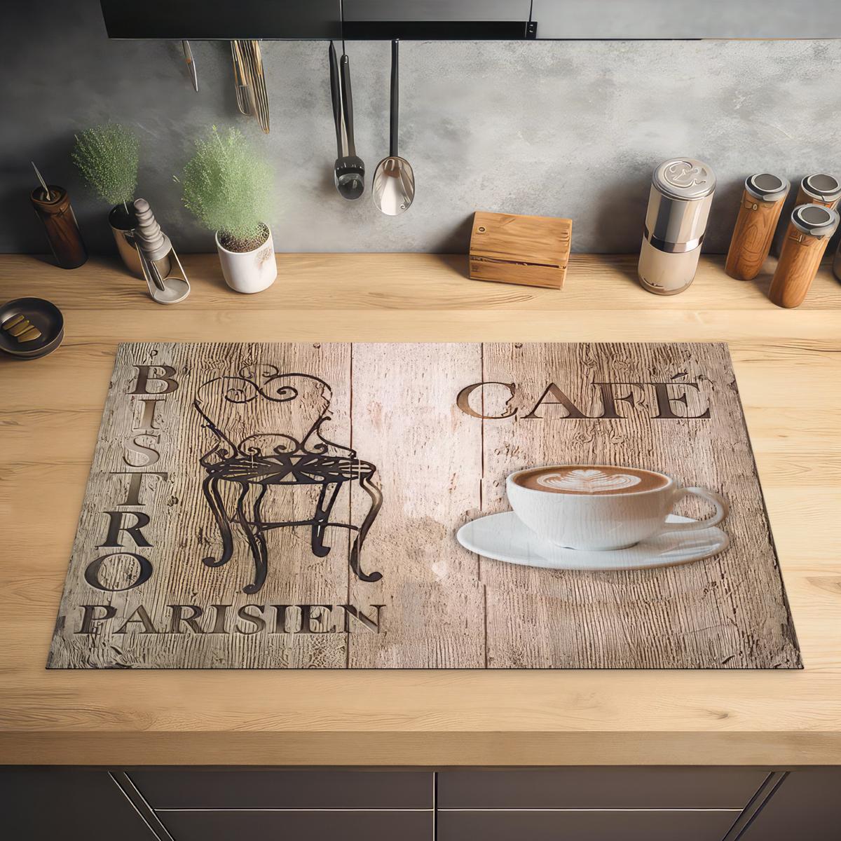HERDABDECKPLATTE Bistro Parisien - Café - Kaffee - Jahrgang Ceranfeldabdeckung 85x52 cm - Cappuccino, Kunststoff (85/52/0.2cm) - MuchoWow