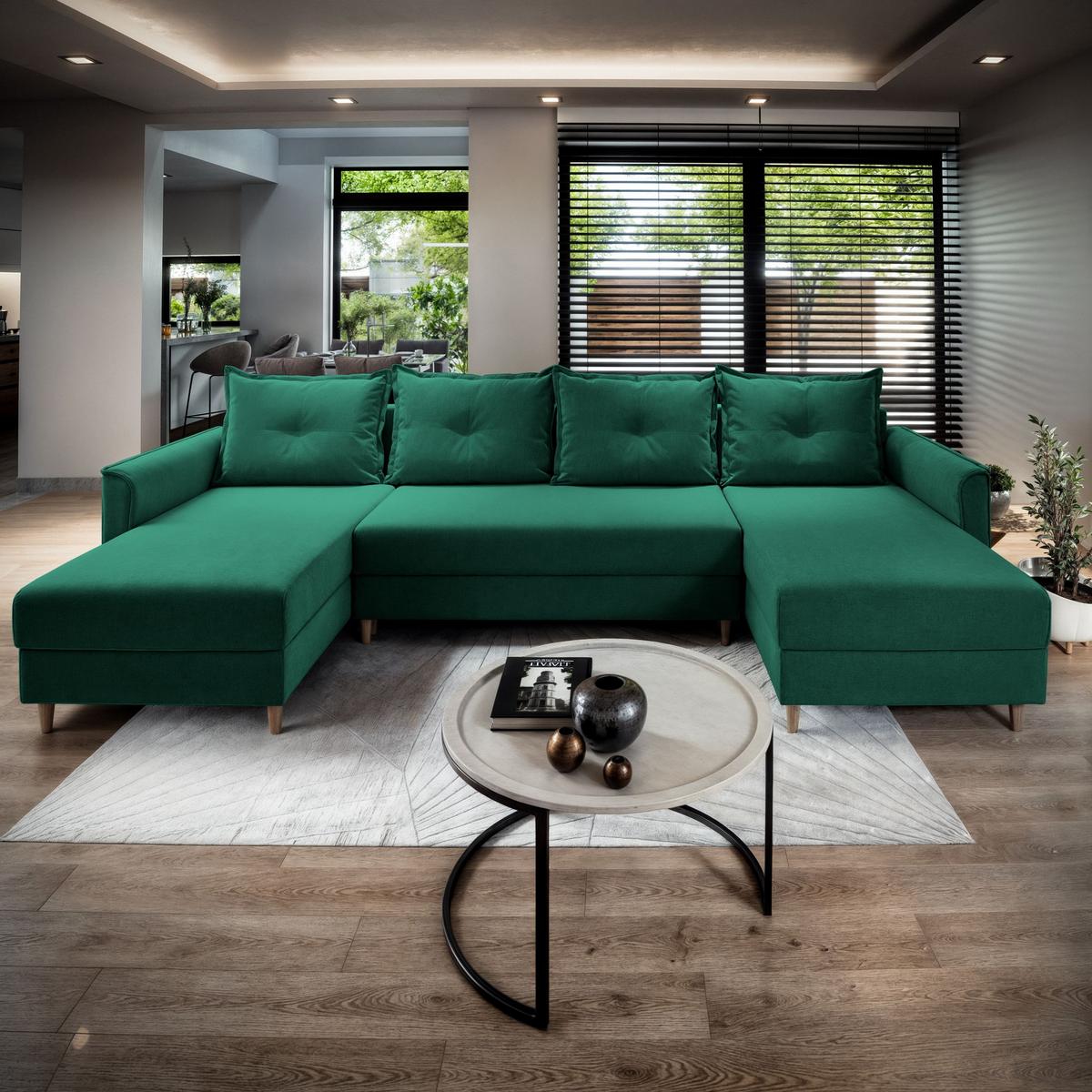 WOHNLANDSCHAFT VERNI Grün Plüsch-Stoff mit Schlaffunktion - Braun/Grün, Holz/Textil (285/91/143cm) - MASSENO