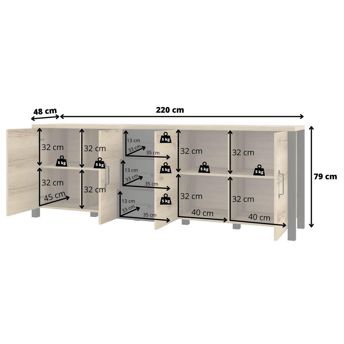 SIDEBOARD OLIVIERO 220/79/48 cm mit 3 Schubladen und 4 Türen Braun - Braun, Holzwerkstoff (220/79/48cm) - MASSENO