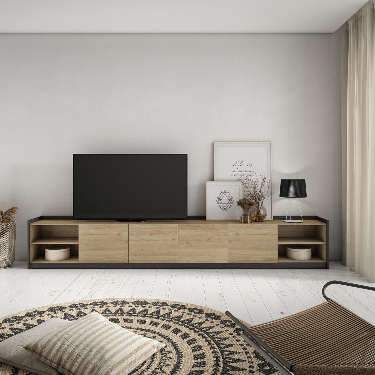 LOWBOARD, 310x37x50cm, Für TV-Geräte bis zu 80", Fernsehtisch, Eiche Schwarz - Eichefarben, Holzwerkstoff (310/50/37cm) - Skraut Home