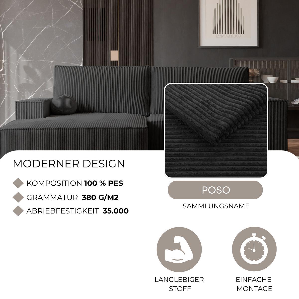 ECKSOFA HUGO Rechts, mit Schlaffunktion und Bettkasten, Anthrazit - Anthrazit, Textil (255/148cm) - Idohome