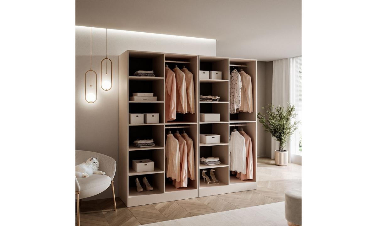 KLEIDERSCHRANK SANDBOX 200 202/49/200 cm Beige Sand / Schwarzes Glas ohne LED 8 Zusatzböden - Sandfarben/Schwarz, Holzwerkstoff/Kunststoff (202/200/49cm) - Lookway