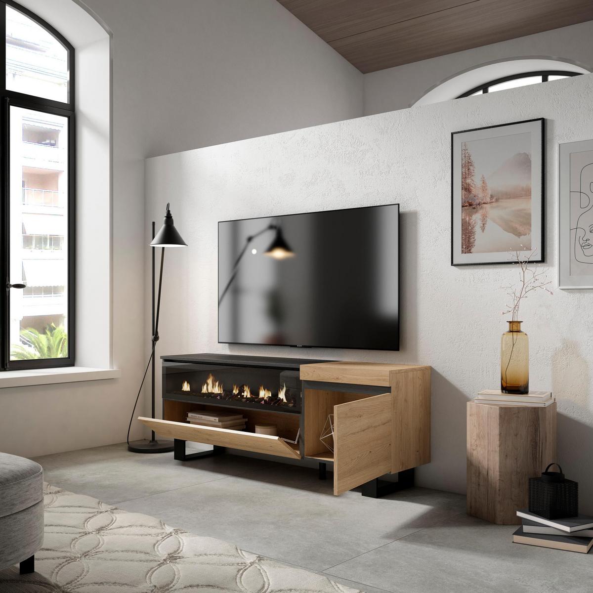 LOWBOARD mit Elektrokamin Eiche, Schwarz, 150/35/57cm - Beige, Holzwerkstoff (150/57/35cm) - Skraut Home