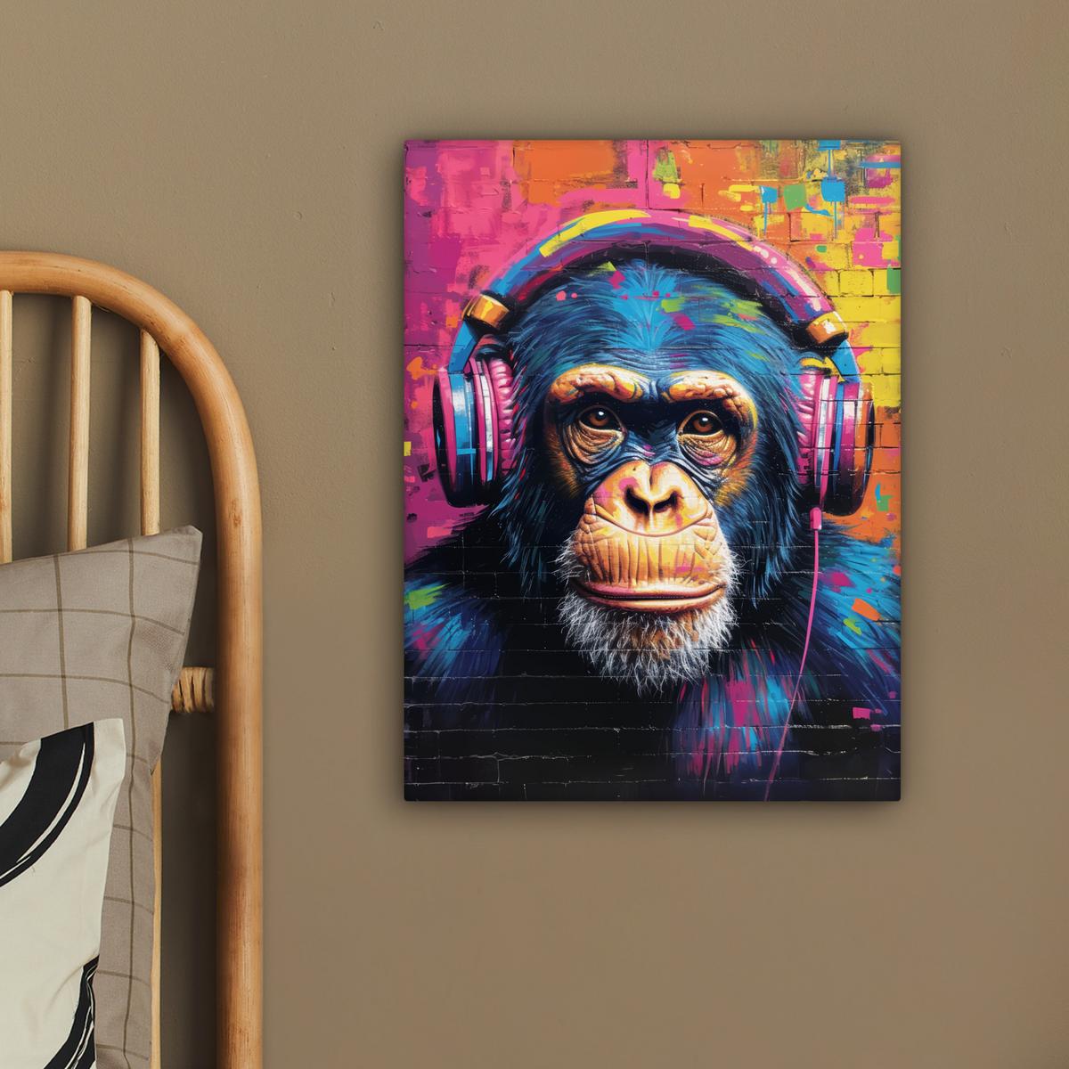 LEINWANDBILD Graffiti - Schimpanse - Straßenkunst - Kopfhörer - Affe Room Decor 30x40 cm - Blau, Textil (30/40cm) - MuchoWow