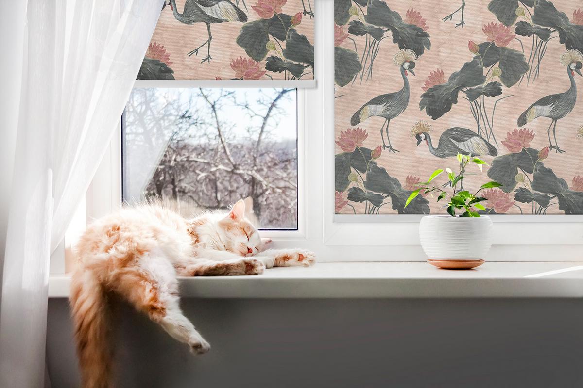 INNENROLLO - Fensterrollo - Rollo - 80x140 cm - Reiher auf rosa Hintergrund - Schwarz, Kunststoff (80/140/0.5cm) - TULUP