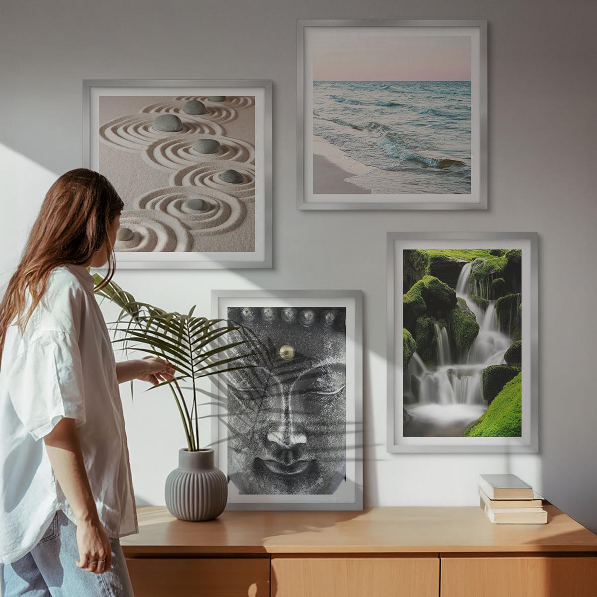 BILDER SET 4er Set - 50x50 cm & 40x60 cm Silberner Rahmen - Der Frieden der Natur mit Buddha - Silberfarben, Kunststoff (50/50cm) - TULUP