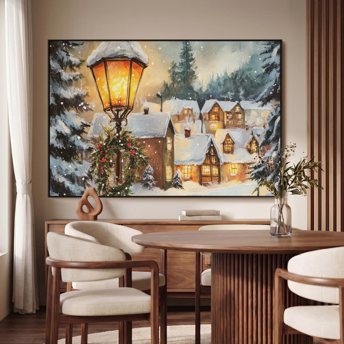 LEINWAND Bilder mit Rahmen - Weihnachtsdorf - Häuser - Schnee - Weihnachten - 140x90 - Sandfarben, Textil (140/90cm) - MuchoWow
