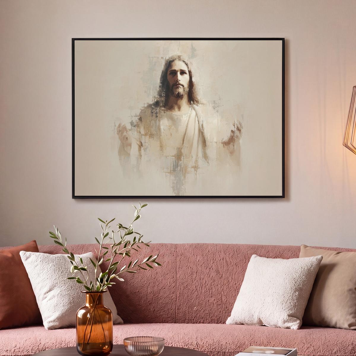 LEINWAND Bilder mit Rahmen - Porträt - Abstrakt - Jesus - Beige - 100x70 - Beige, Textil (100/70cm) - MuchoWow