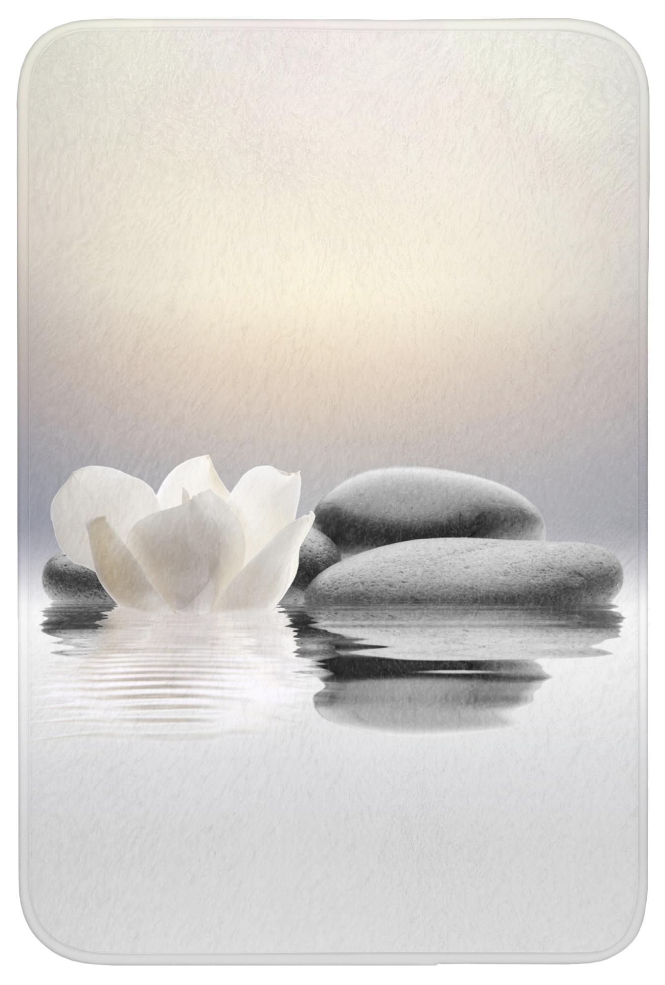 BADEMATTE Steine - Lotus - Weiß - Wasser - Zen Rutschfest 60x90 cm - Weiß, Textil (60/90cm) - OnlyWow