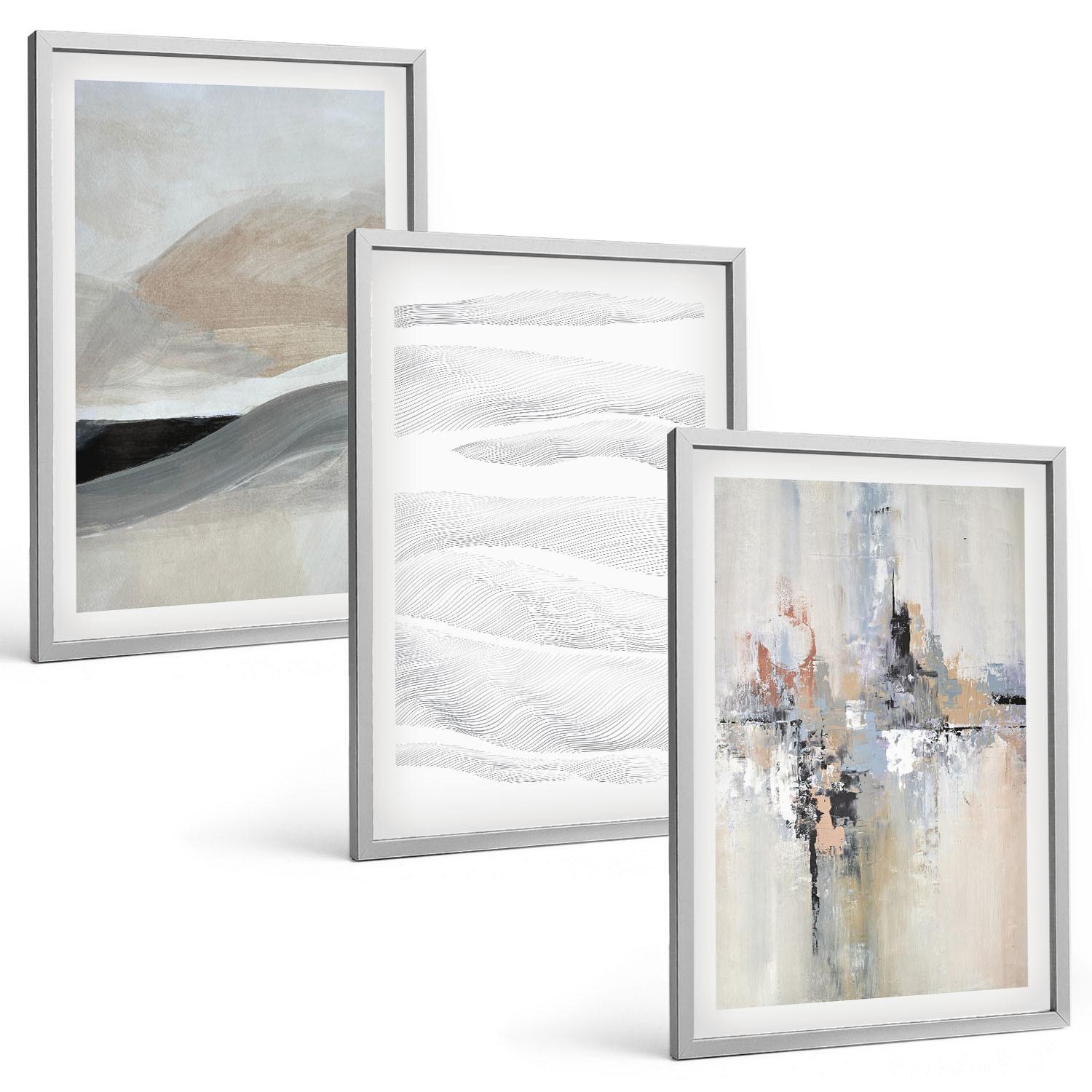BILDER SET 3er Set - 40x60 cm Silberner Rahmen - Abstrakte Erdmuster - Silberfarben, Kunststoff (40/60cm) - TULUP