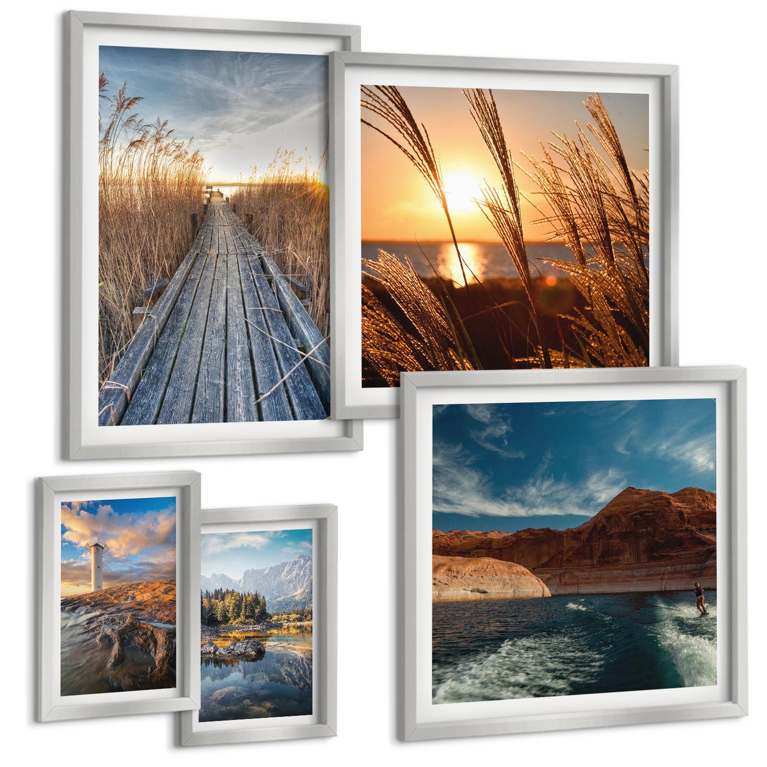 BILDER SET 5er Set - 50x50 cm & 20x30 cm & 40x60 cm Silberner Rahmen - Leuchtturm-Grassteg - Silberfarben, Kunststoff (40/60cm) - TULUP