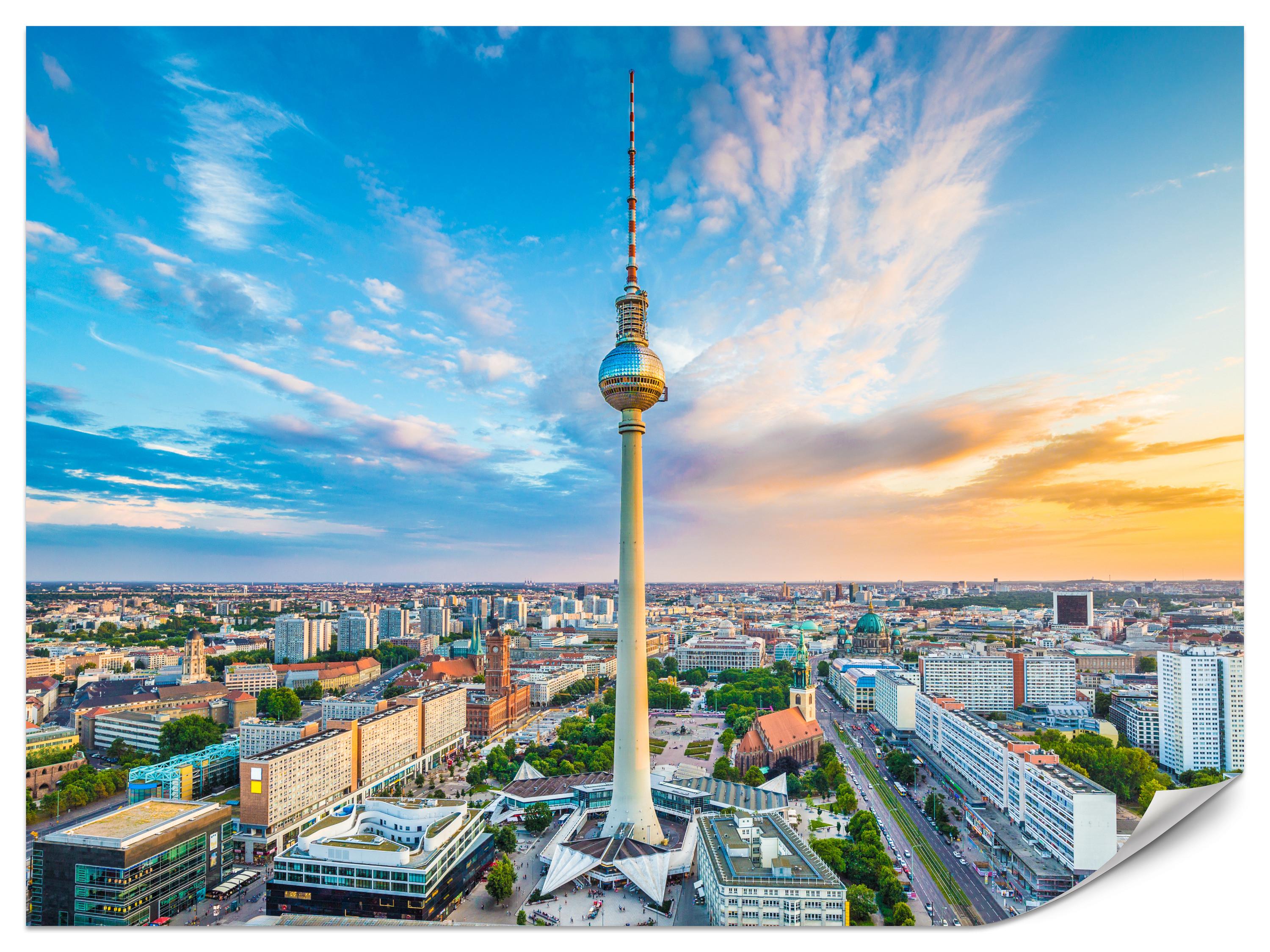 FOTOTAPETE für Wohnzimmer Fernsehturm Berlin Stadt Wolkenkratzer 150x105 - Beige/Orange, Papier (150/105cm) - Muralo