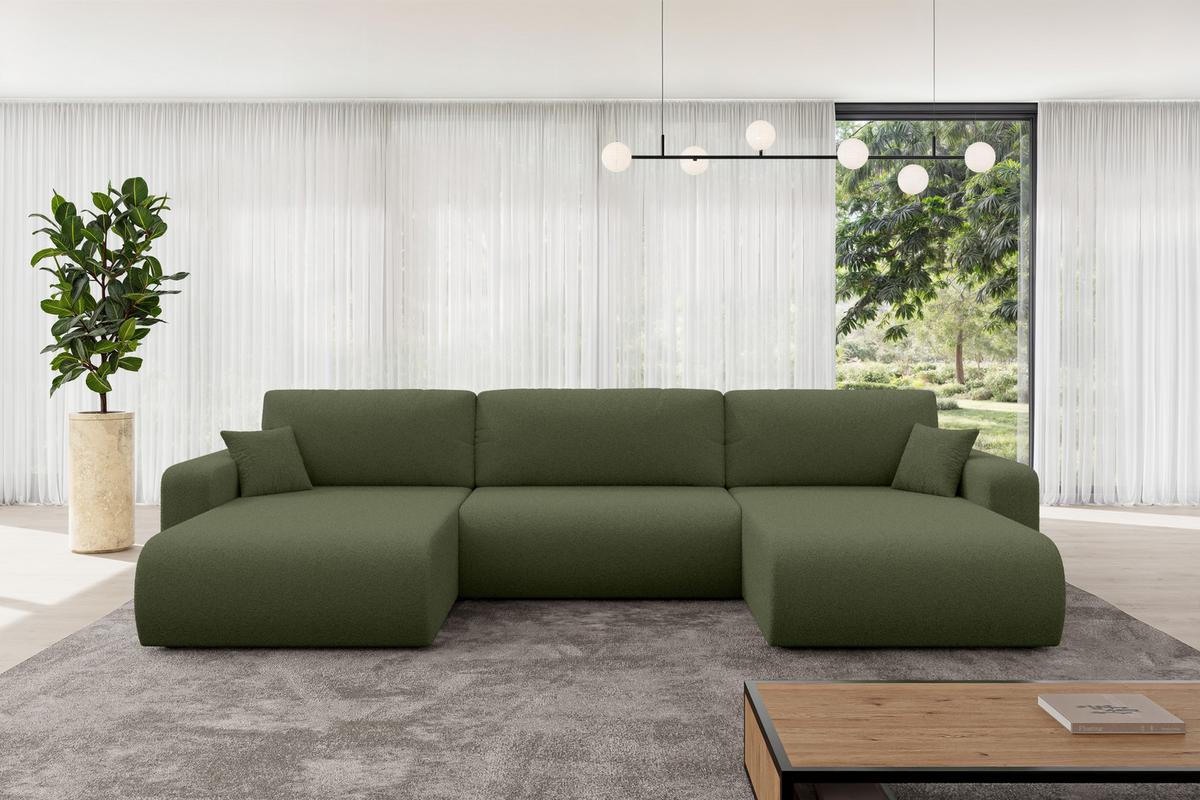 WOHNLANDSCHAFT mit Schlaffunktion und Bettkasten BERY-U 377x193x88 Grün Bouclé - Schwarz/Olivgrün, Holzwerkstoff/Kunststoff (377/88/193cm) - ALTDECOR