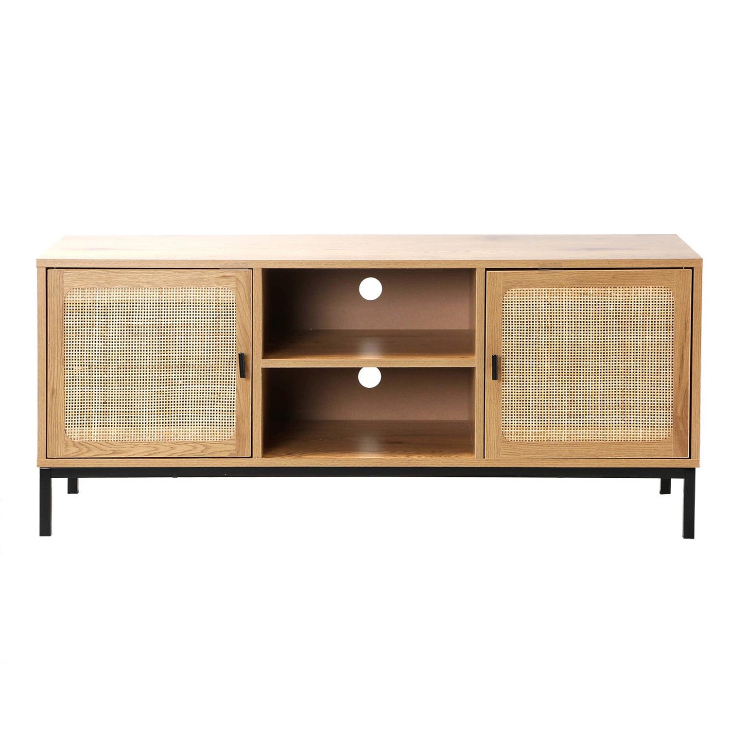 TV-MÖBEL mit 2 Türen, Rattangeflecht und 2 Ablagen - L120cm - Eschefarben, Holzwerkstoff (39/51/45cm) - Calicosy