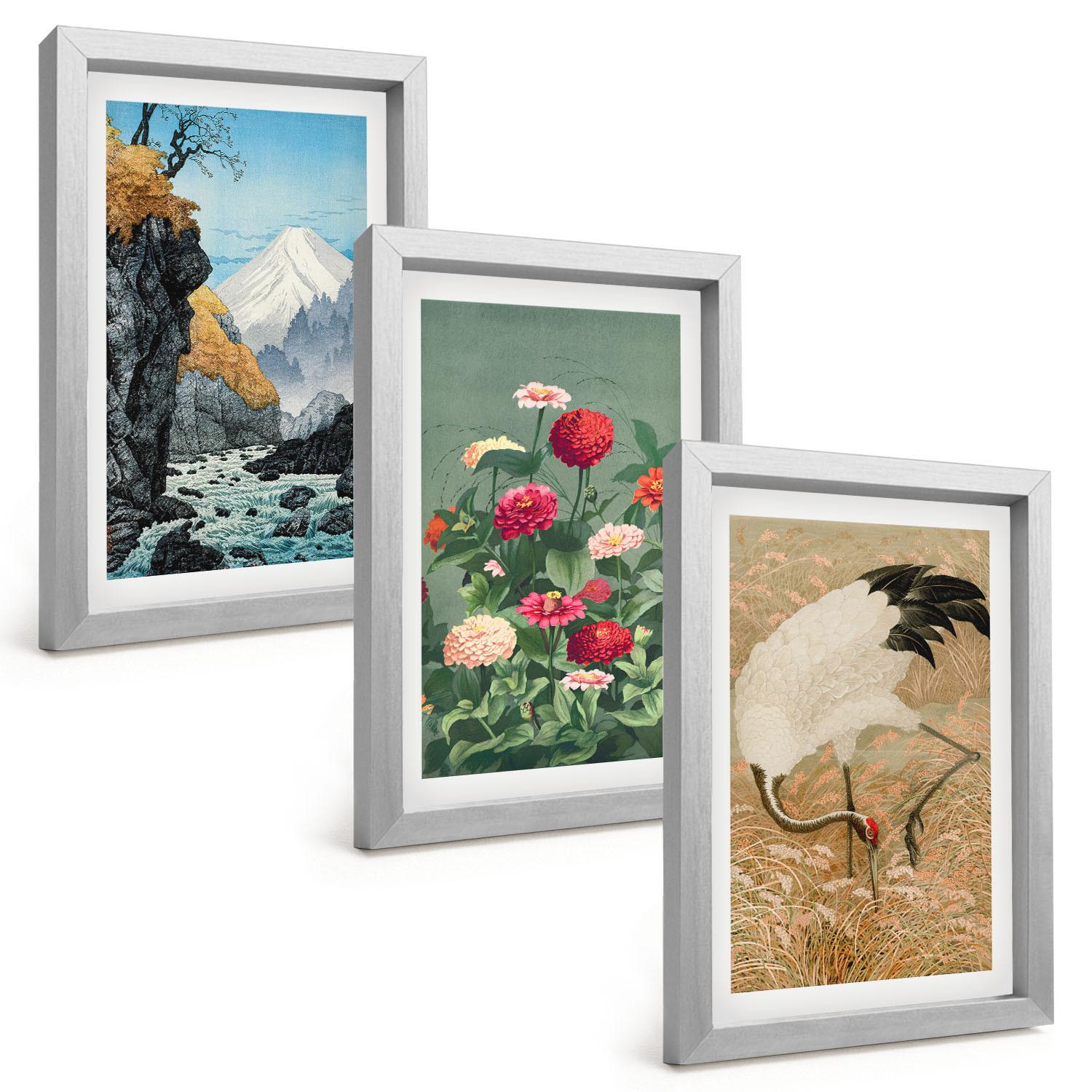BILDER SET 3er Set - 20x30 cm Silberner Rahmen - Berglandschaft, Fluss, Blumen, Kraniche - Silberfarben, Kunststoff (20/30cm) - TULUP