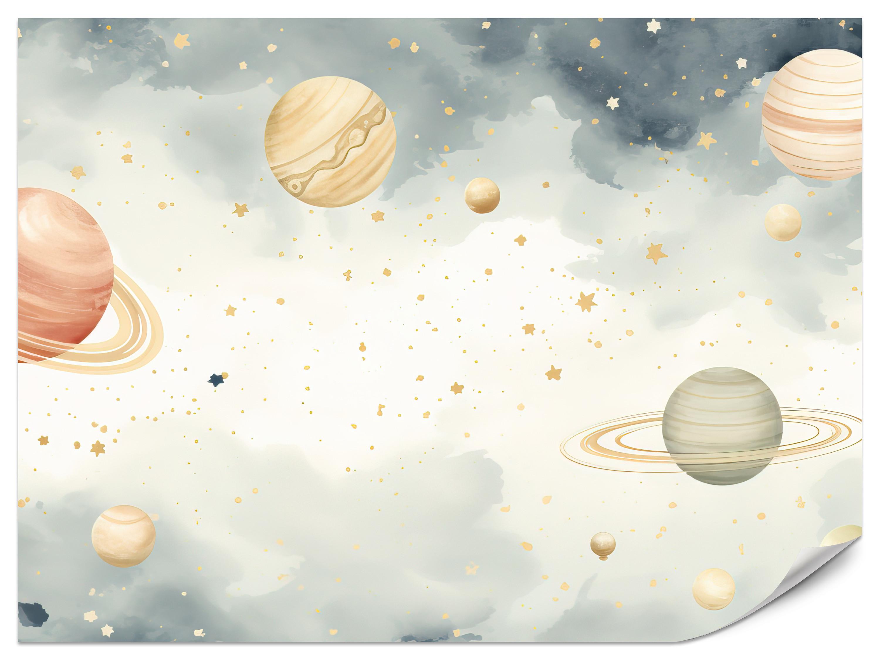 FOTOTAPETE für Kinderzimmer Pastell Planeten Saturn Uran Sterne 100x70 - Blau/Ecru, Papier (100/70cm) - Muralo