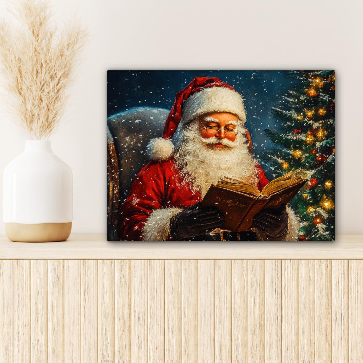 LEINWANDBILD Weihnachtsmann - Weihnachten - Winter - Weihnachtsbaum Wandbild 40x30 cm - Bordeaux, Textil (40/30cm) - MuchoWow