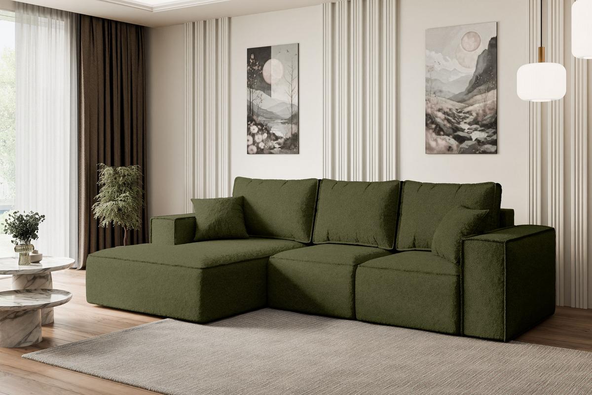 ECKSOFA mit Schlaffunktion und Bettkasten SERRA-L-S - 266x161x87 cm Grün Bouclé - Schwarz/Grün, Holzwerkstoff/Kunststoff (266/161cm) - ALTDECOR